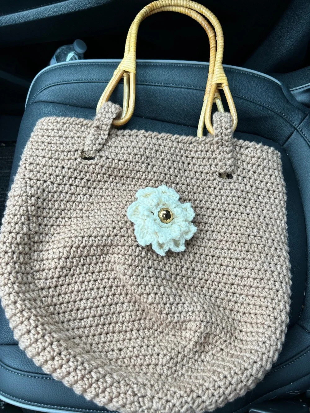 Crocheted Beige Bamboo Wooden Handle, Flower Applique, Pouch Style Bag *BOHO*